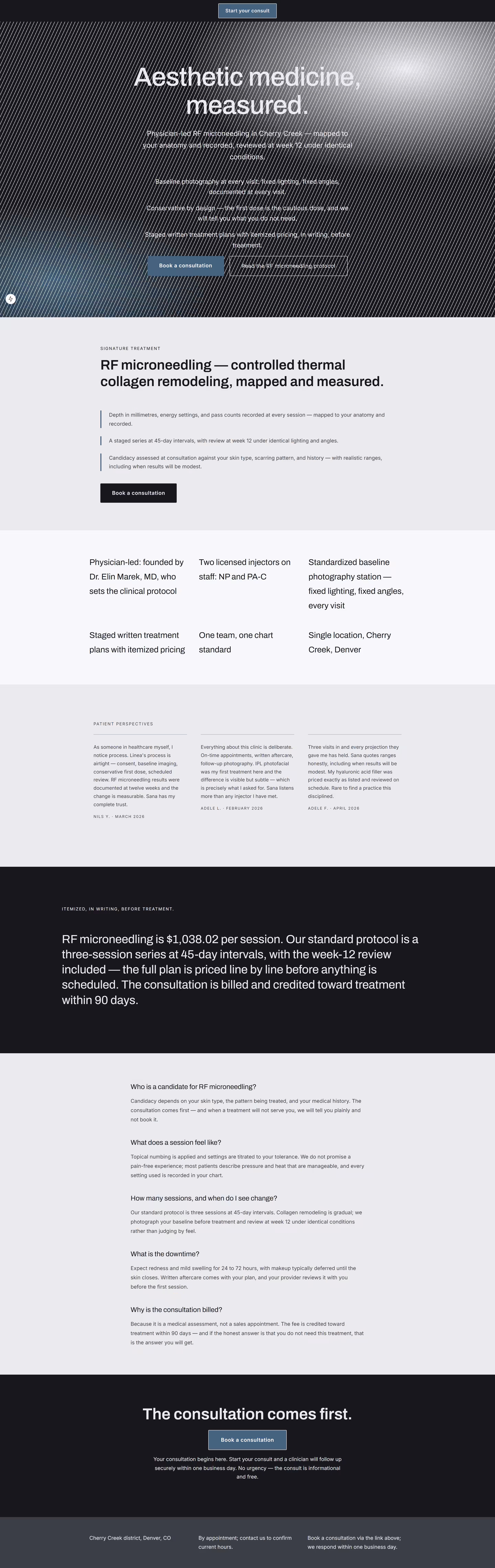 The composed Linea Aesthetics funnel page: an eight-section page in the clinic's own monochrome-cool palette and Archivo heading face — hero, RF microneedling signature-treatment anchor, credentials, patient perspectives, posted pricing, FAQ, consult call-to-action, and footer.